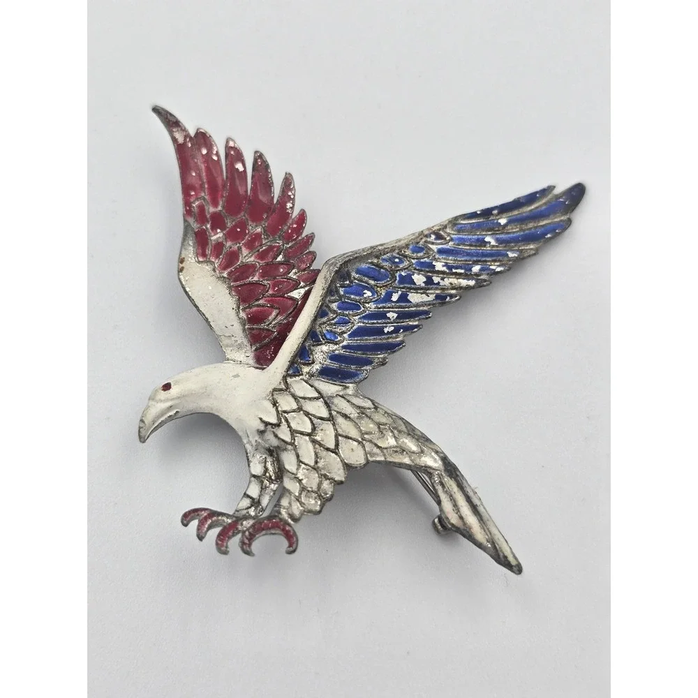Vintage Patriotic WWII Sweetheart Brooch Red White & Blue Eagle Figural Pot